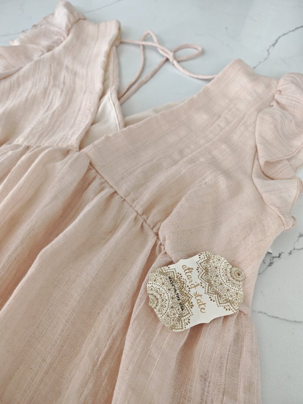 Altar’d State Blush Pink Textured Mini Dress ✨ Ruffle Sleeve Boho Babydoll Tie B - Picture 6 of 10